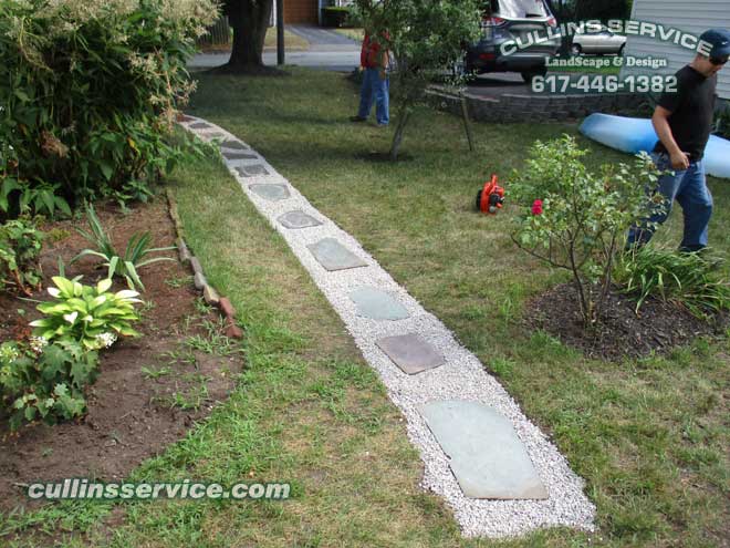 Cullins Service Landscape Design Pea stone Slate Rock Path Needham Property